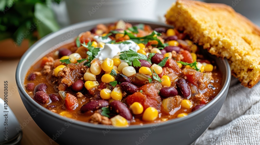 Delicious Bowl of Chili Soup with Fresh Corn and Spices for Comfort Delicious Bowl of Chili Soup with Fresh Corn and Spices for Comfort