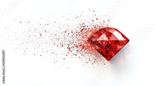 Abstract geometry style red diamond gem, glittering dust spread symmetrically around it, isolated in white space