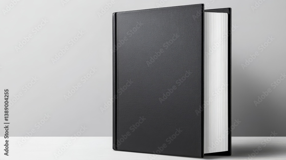 A sleek black book standing upright on a minimalistic surface against a light wall backdrop A sleek black book standing upright on a minimalistic surface against a light wall backdrop