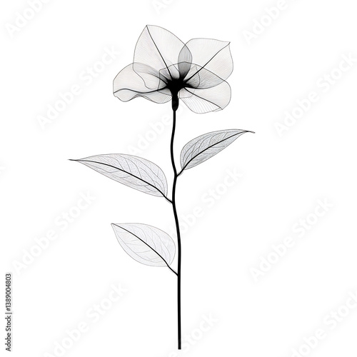 Elegant grayscale flower delicately rendered showing translucent petals and leaves. AI Generated