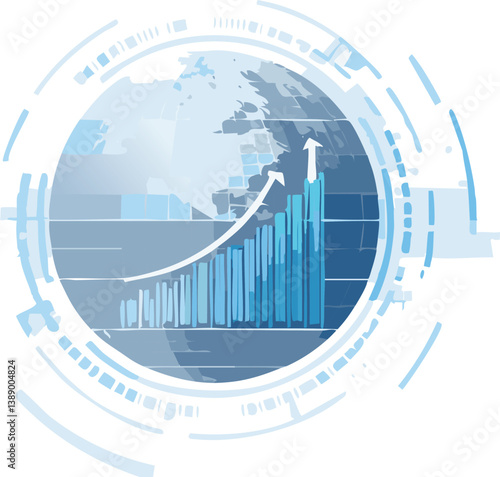 Digital rise graph chart on light blue technology globe background. Stock market or trade diagram in futuristic hologram style. Economy or finance concept. Abstract low poly vector illustration.