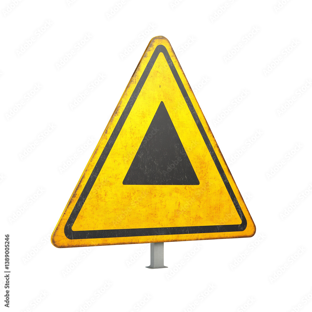 Aged yellow warning triangle sign boldly stands against white background. AI Generated Aged yellow warning triangle sign boldly stands against white background. AI Generated