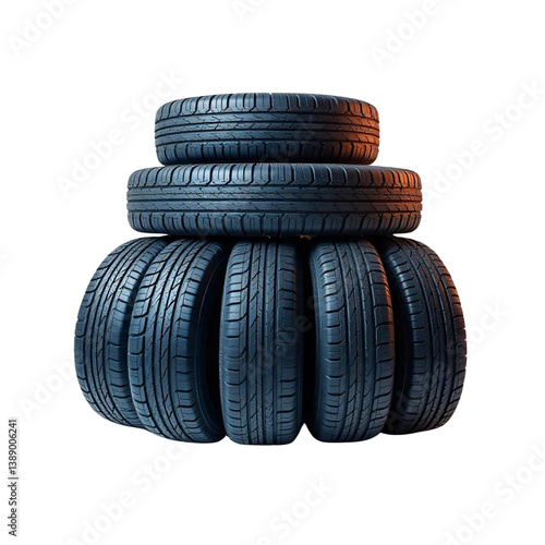 A black stack of used rubber tires shows a worn tread pattern