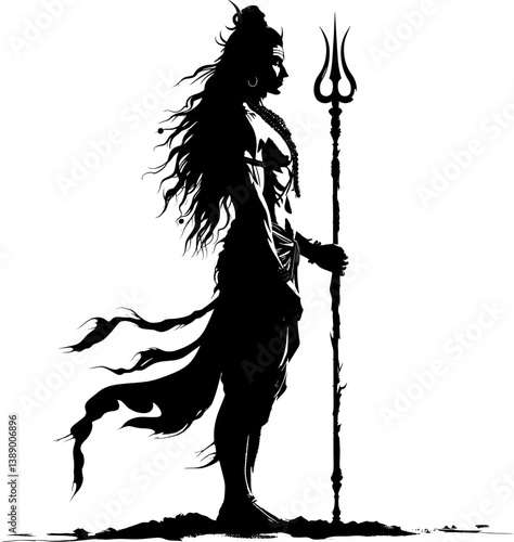 Lord Shiva Silhouette black outlines with Trishul Hindu Deity Illustration