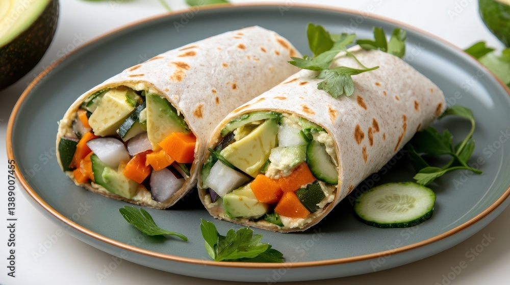 Delicious Burrito on Plate Accompanied by Fresh Bowl of Avocado Dip Delicious Burrito on Plate Accompanied by Fresh Bowl of Avocado Dip