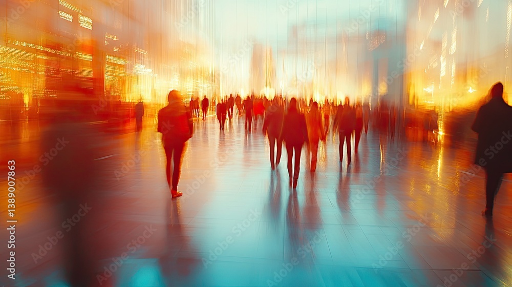 Abstract blur of people in an exhibition hall, ideal for trade shows, expos, or business visuals. 