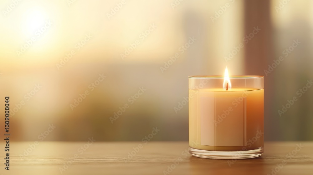 A glowing candle on a wooden table, with a soft sunset glow in the background, creating a warm ambiance A glowing candle on a wooden table, with a soft sunset glow in the background, creating a warm ambiance