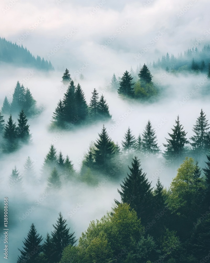 Fototapeta premium Misty mountain landscape with evergreen forest shrouded in fog atmospheric nature scene
