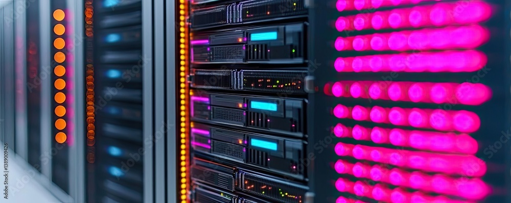 Clouds server intelligent glowing system driving globalization concept. Close-up of server racks with vibrant LED indicators and lights. Clouds server intelligent glowing system driving globalization concept. Close-up of server racks with vibrant LED indicators and lights.