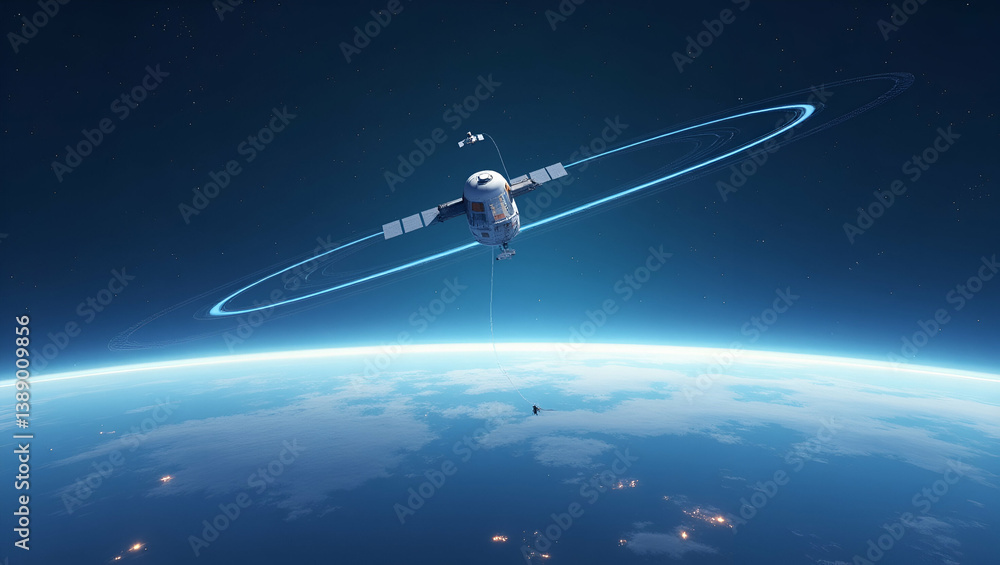 Obraz premium Modern Minimalist Wallpaper Design: Explore Low Earth Orbit Operations with Sleek Digital Graphics for Advanced Satellite Management and Innovative Tracking in Space