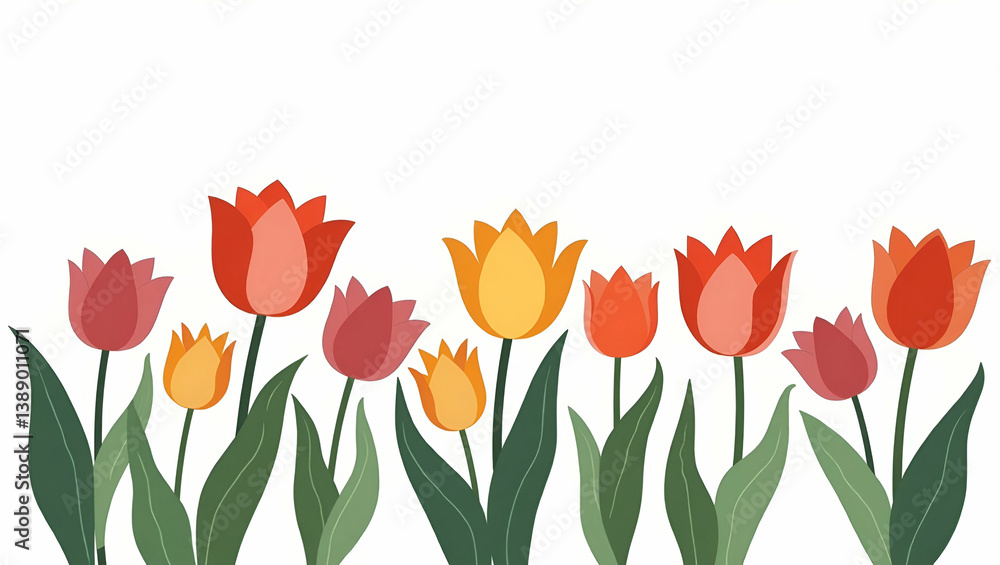 Flat Elegant depiction of tulip festivals featuring dynamic arrays of multicolored blooms and sophisticated cultural events curated for premium commercial floral stock collections in Simple flat cute Flat Elegant depiction of tulip festivals featuring dynamic arrays of multicolored blooms and sophisticated cultural events curated for premium commercial floral stock collections in Simple flat cute