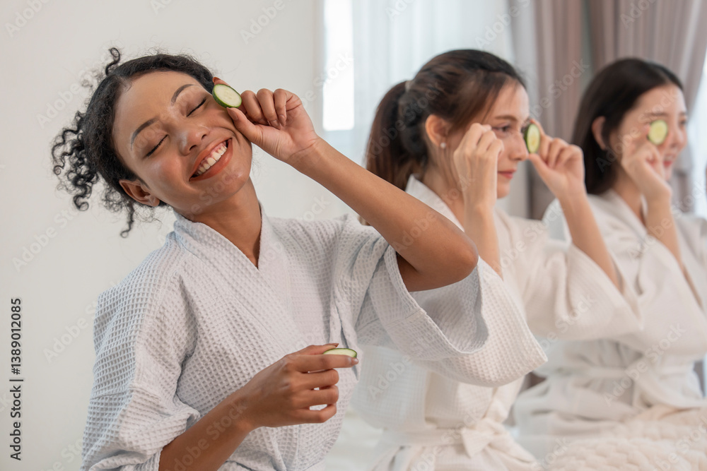young multiracial friends in bathrobe with cucumber slices for facial skin care,having fun,laughing and relaxing together in spa room young multiracial friends in bathrobe with cucumber slices for facial skin care,having fun,laughing and relaxing together in spa room