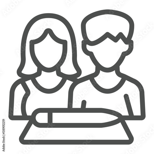 Married couple document line icon, family lawyer concept. Vector graphics. Document with pen and young couple, contract sign on white background, outline style icon for mobile or web design.