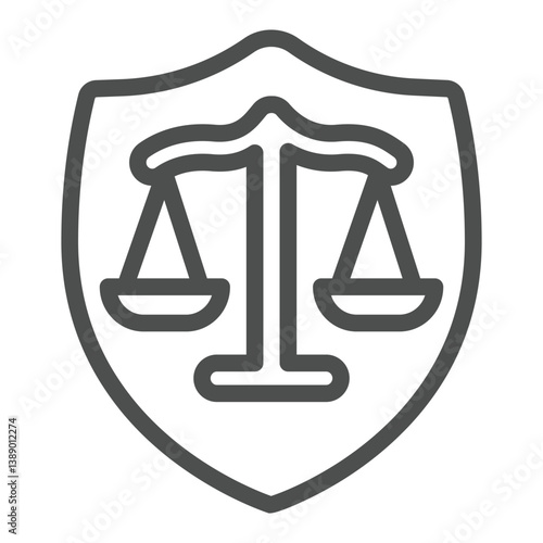 Weigh scales emblem line icon, justice concept. Vector graphics. Libra on shield, safety sign on white background, outline style icon for mobile or web design.