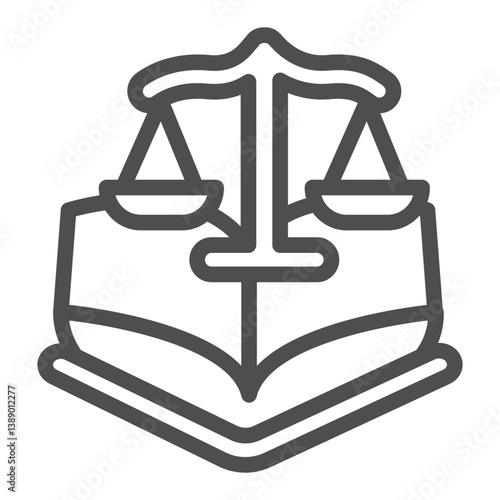 Weigh scales with book line icon, jurisprudence concept. Vector graphics. Libra with textbook, education sign on white background, outline style icon for mobile or web design.