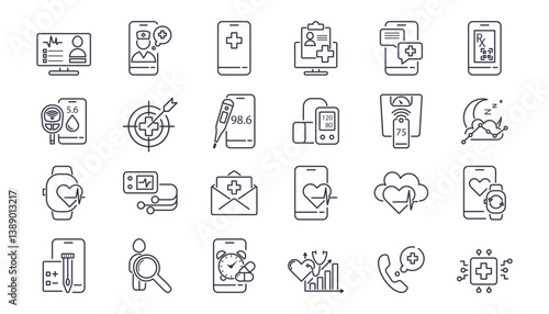 Icon set for health and medical care in digital line style. Includes smart glucometer, thermometer, sleep tracker, scales for mobile monitoring and remote diagnostics.
