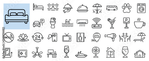 Hotel and hospitality line icons set for travel and accommodation  
