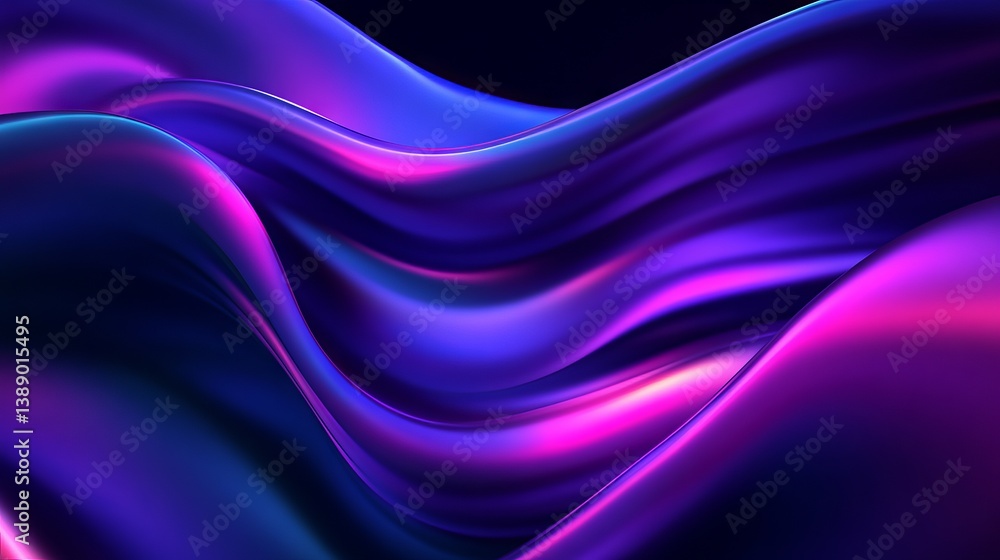 Obraz premium Abstract fluid holographic swirl of iridescent purple waves on a dark background, 3D rendered gradient design ideal for eye-catching posters, covers, and futuristic backgrounds.