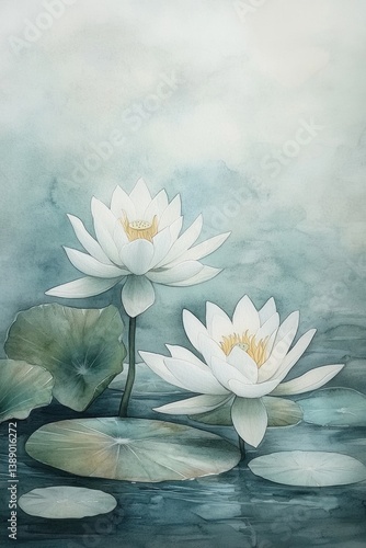 Two delicate white water lilies float on tranquil blue waters