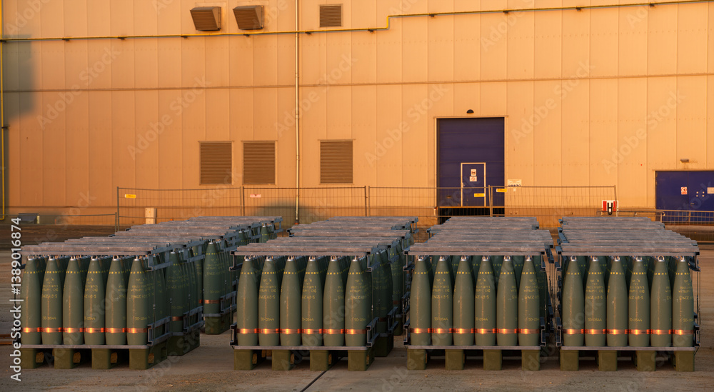 Pallets of 155 mm artillery ammunition in the yard of an armaments factory