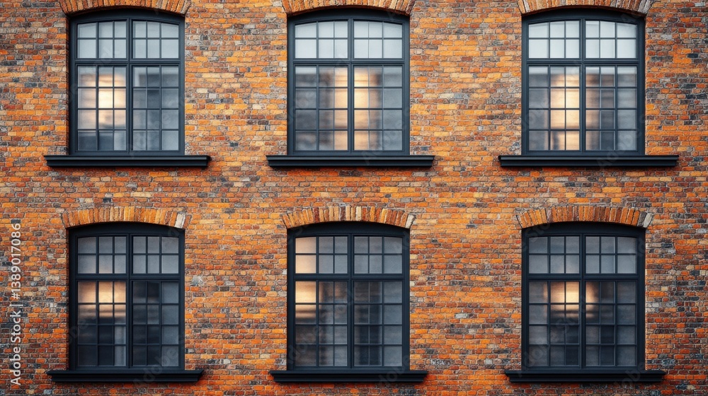 Fototapeta premium Facade of a brick building with windows reflecting light creating a warm and inviting architectural detail showcasing urban design and construction