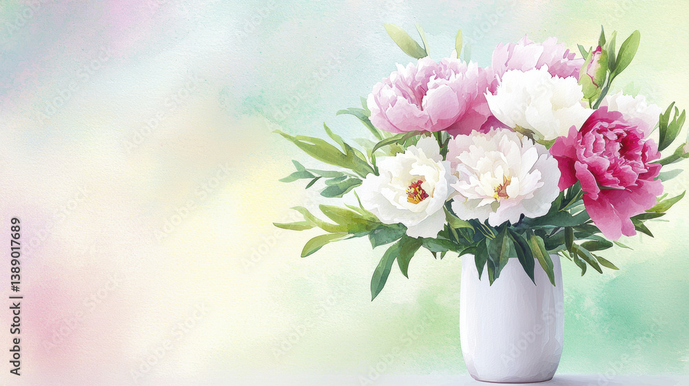 beautiful watercolor painting of bouquet featuring pink and white peonies in vase, radiating soft, serene atmosphere beautiful watercolor painting of bouquet featuring pink and white peonies in vase, radiating soft, serene atmosphere