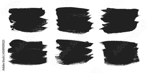 Grunge brush strokes black paint smear texture stain vector illustration set. Dry dirty calligraphy brush splashes high detail texture abstract shapes element splatters.