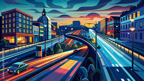 Germany, Baden-Wurttemberg, Stuttgart, Vehicle light trails along Bundesstrasse 14 at dusk