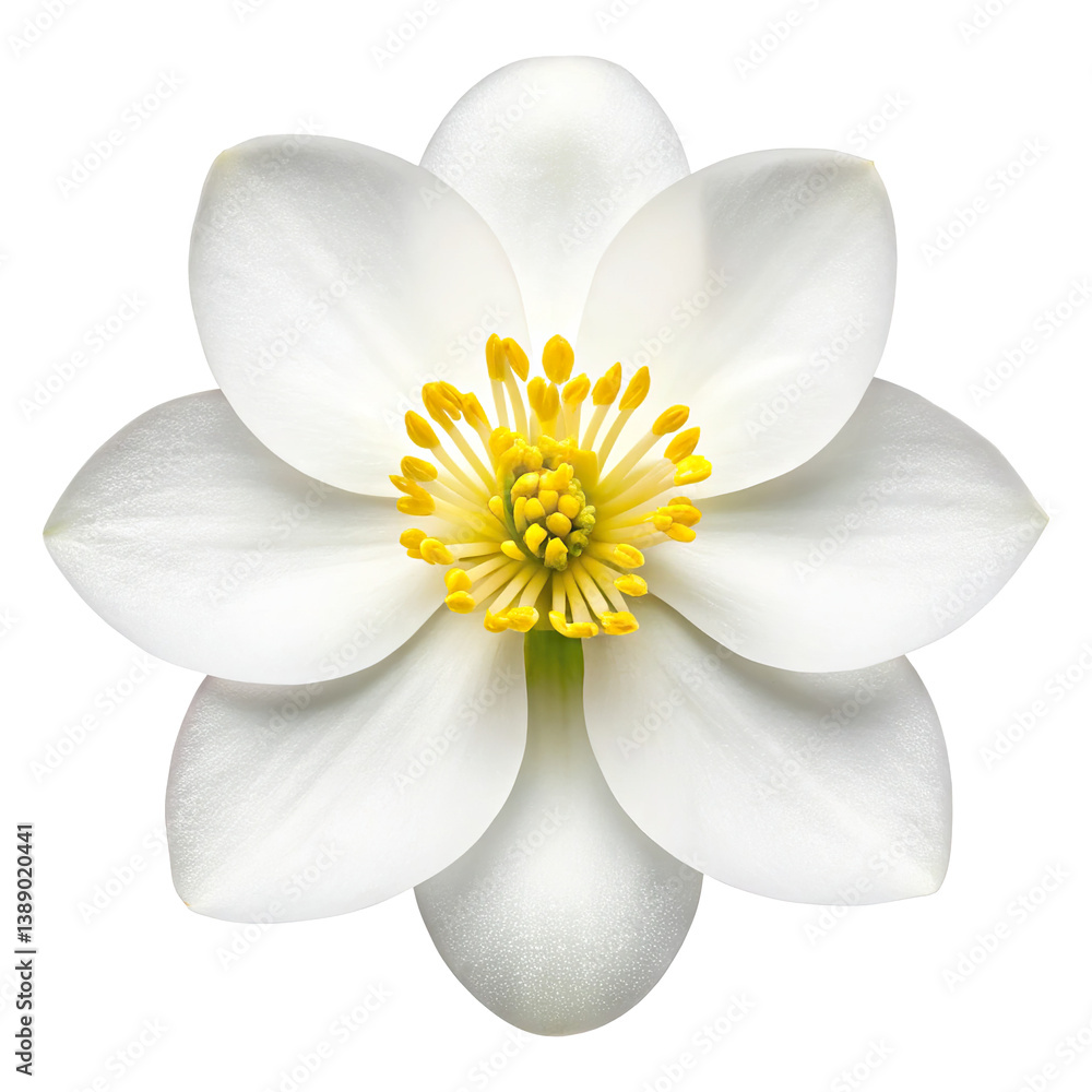 Obraz premium Close-up of a beautiful white flower with yellow stamen, showcasing delicate petals isolated on transparent and white background