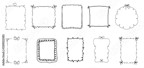 Whimsical coquette ribbon frame, hand drawn line ornament, border y2k romantic retro design element. Wavy curved vintage decor.