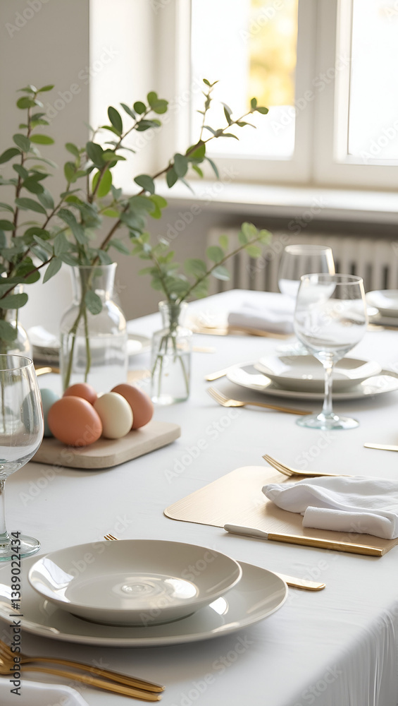 Fototapeta premium Minimalist modern Easter table with pastel eggs, gold cutlery, and Scandinavian style on marble surface