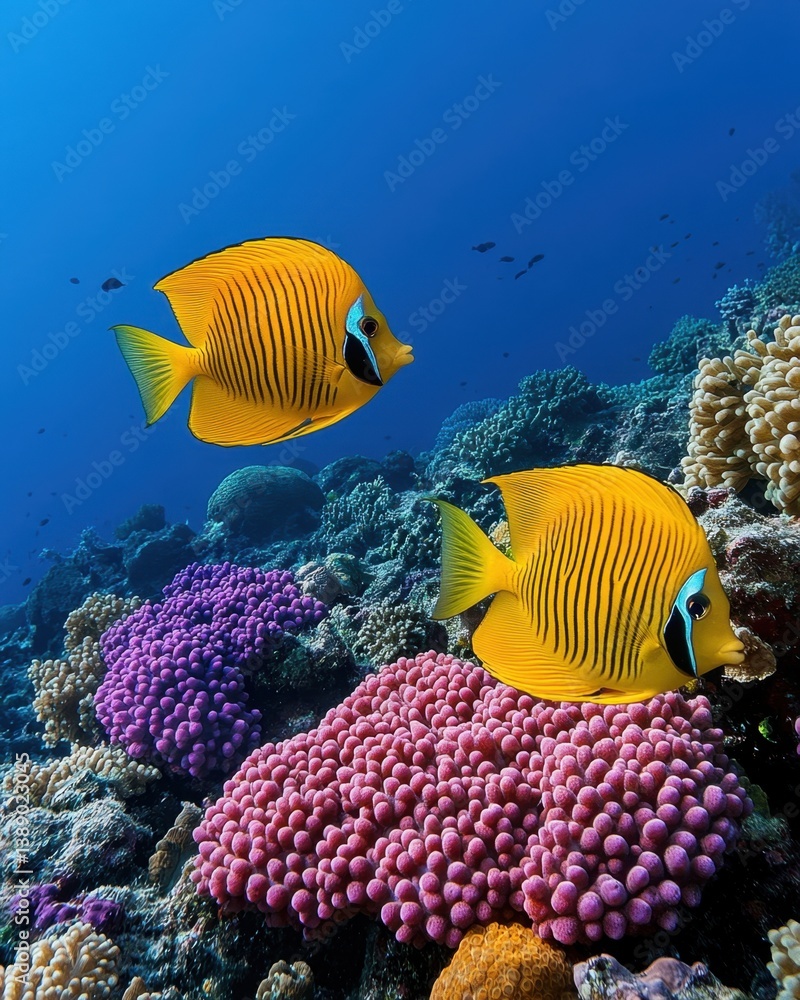 Naklejka premium Vibrant underwater scene featuring two yellow butterflyfish swimming near colorful coral reef formations in a clear blue ocean
