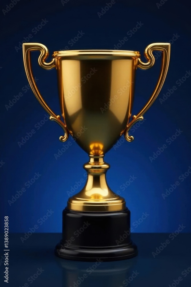 Gleaming gold trophy against deep blue backdrop , goal, celebration, winner Gleaming gold trophy against deep blue backdrop , goal, celebration, winner