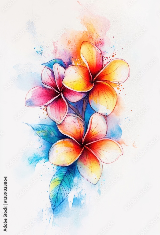 Obraz premium Artistic watercolor painting of vibrant tropical frangipani flowers