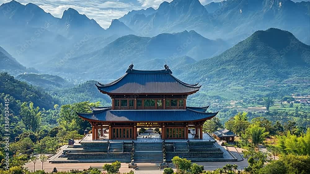 Ancient structure in lush landscape a serene temple nestled against a mountain range perfect travel concept Ancient structure in lush landscape a serene temple nestled against a mountain range perfect travel concept