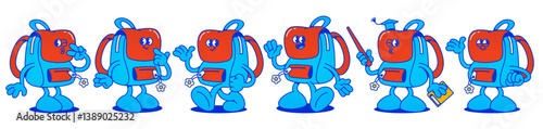 Set of cartoon school backpack characters - walking and waving hands, holding pointer and book. Blue bag mascot with arms, legs and eyes showing various gestures and emotions for education design.