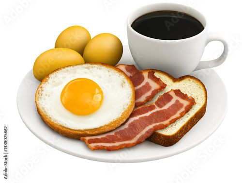 Perfect fried egg breakfast plate warmly lit. AI Generated