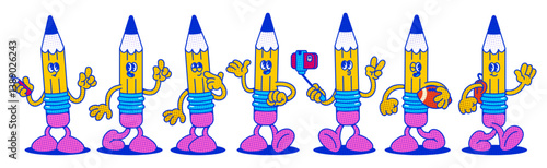 Cartoon pencil character set - yellow pencil mascot with eyes, hands and pink legs. Standing, walking, waving hand, taking selfie and various emotions poses. Funny humanized school stationery element.