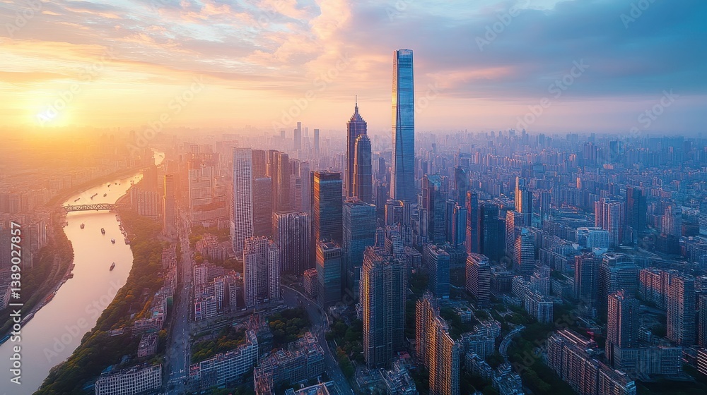 Obraz premium Stunning sunset over skyscrapers and river in modern cityscape
