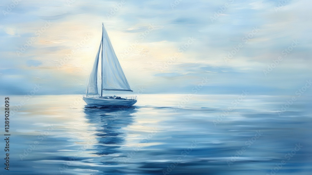 Obraz premium Beautiful white sailboat cruising on peaceful blue ocean waves at sunrise or sunset