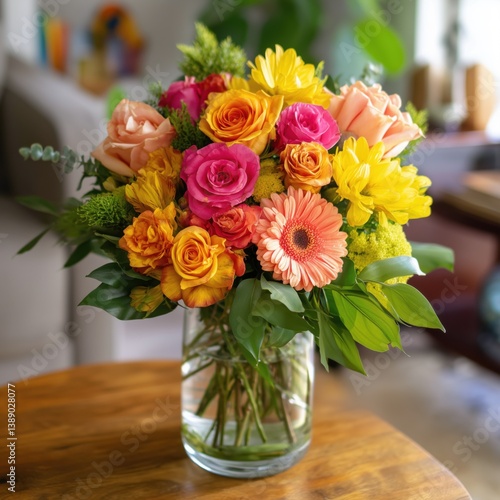 Wallpaper Mural Colorful Floral Arrangement in Glass Vase on Wooden Tabletop Torontodigital.ca
