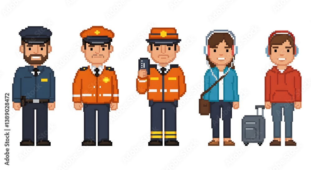 Pixel art illustration of diverse characters including police and travelers in a row on white Pixel art illustration of diverse characters including police and travelers in a row on white