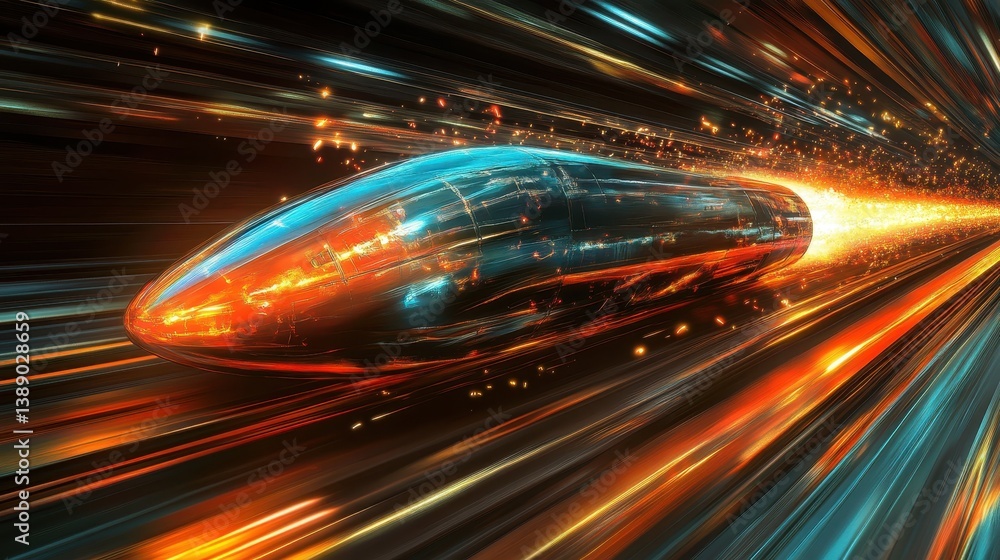 Fototapeta premium Futuristic high-speed train with dynamic motion and colorful light streaks