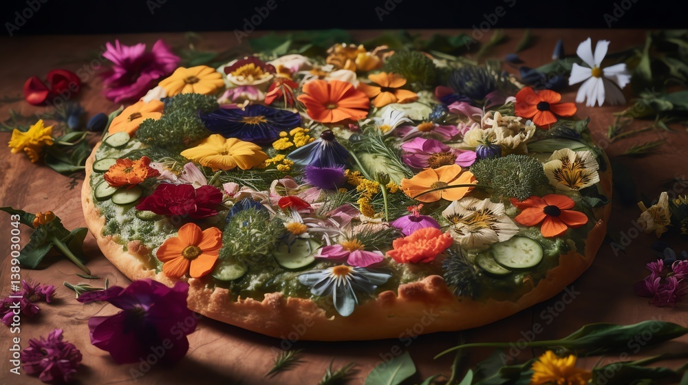 Fototapeta premium Floral pizza art featuring edible flowers and fresh herbs on wooden surface