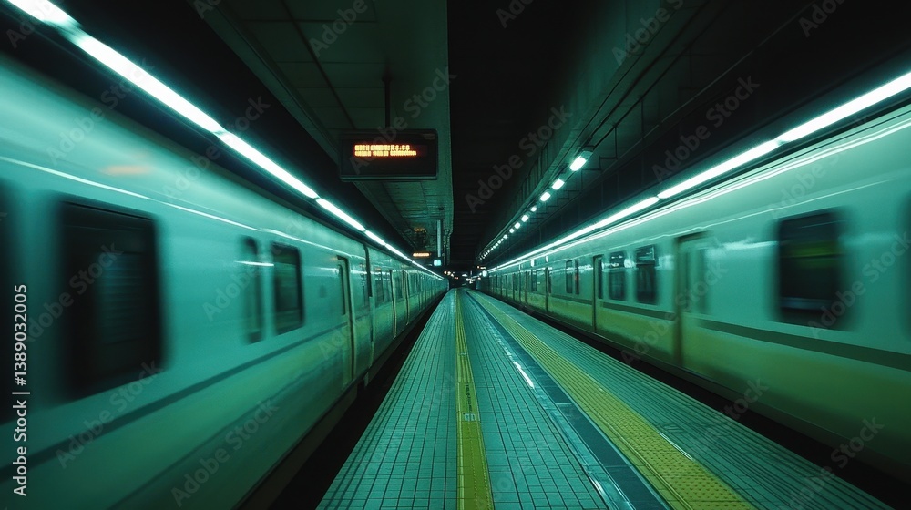 Obraz premium High-speed train departing platform with fluorescent lights in modern underground station