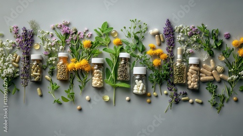 Herbal supplements and capsules with various medicinal plants on gray background