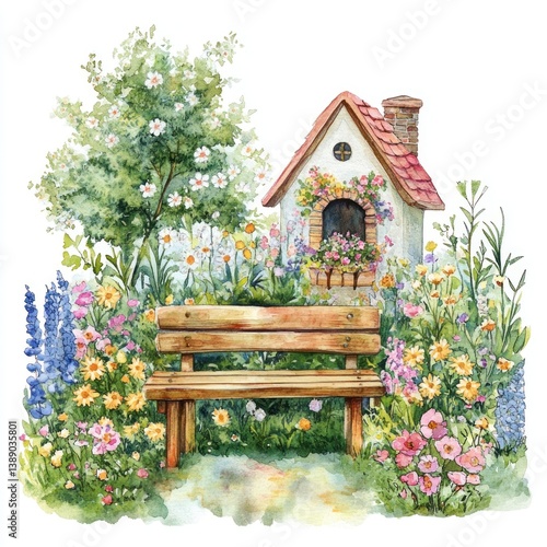A charming watercolor depiction of a garden bench scene