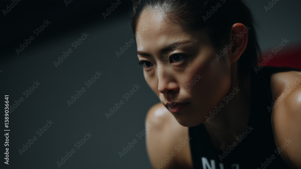 focused female athlete in dark sports setting, showing determination focused female athlete in dark sports setting, showing determination
