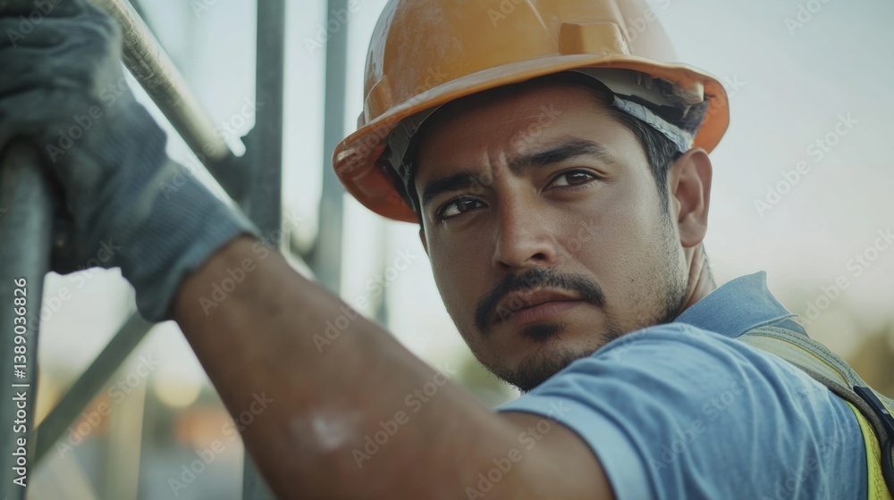 A Hispanic construction worker adjusting scaffolding for stability. Featuring teamwork and safety A Hispanic construction worker adjusting scaffolding for stability. Featuring teamwork and safety