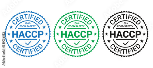 HACCP Hazard Analysis Critical Control Points stamp. Food safety system sticker, badge. Certified round label. Quality warranty emblem. Set seal imprints. Marketing icon. Vector illustration